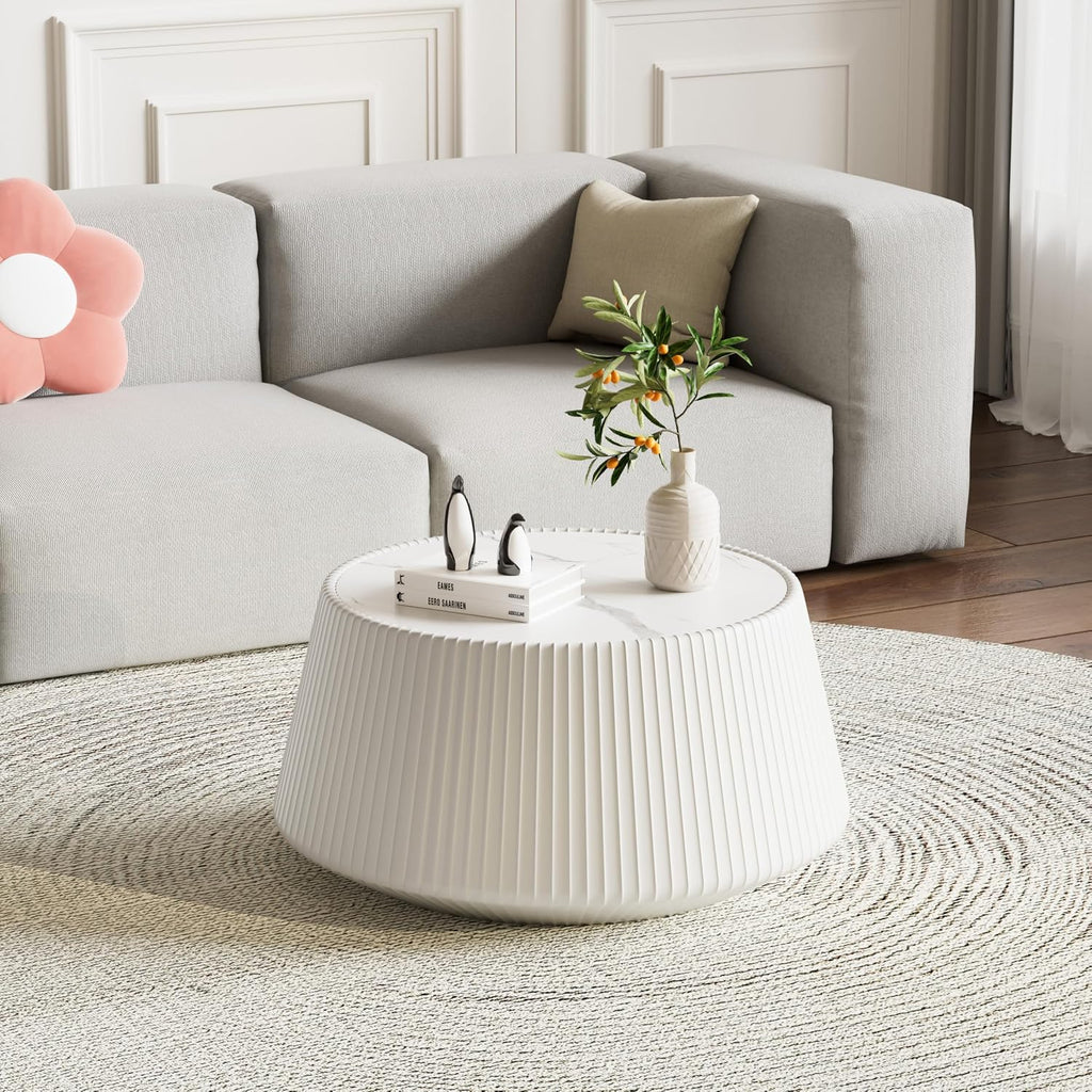 Round Living Room Table Set, 26.77' White Drum Center Table and 19.68' Black Coffee Table Set, 2 Pieces Coffee Table Set with Sintered Stone Tabletop, Fluted PU Leather Covered and Stable Base