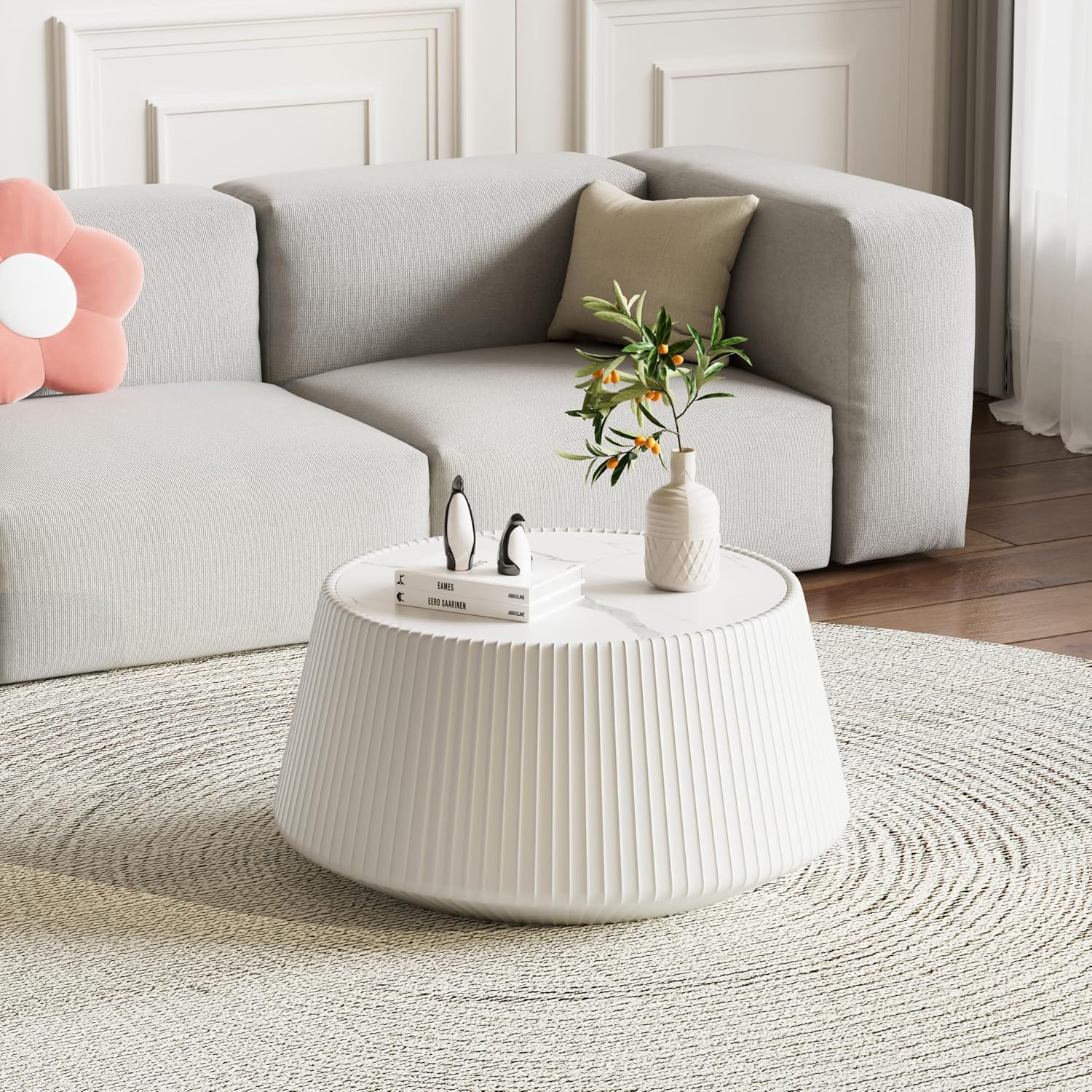 Round Living Room Table Set, 26.77' White Drum Center Table and 19.68' Black Coffee Table Set, 2 Pieces Coffee Table Set with Sintered Stone Tabletop, Fluted PU Leather Covered and Stable Base