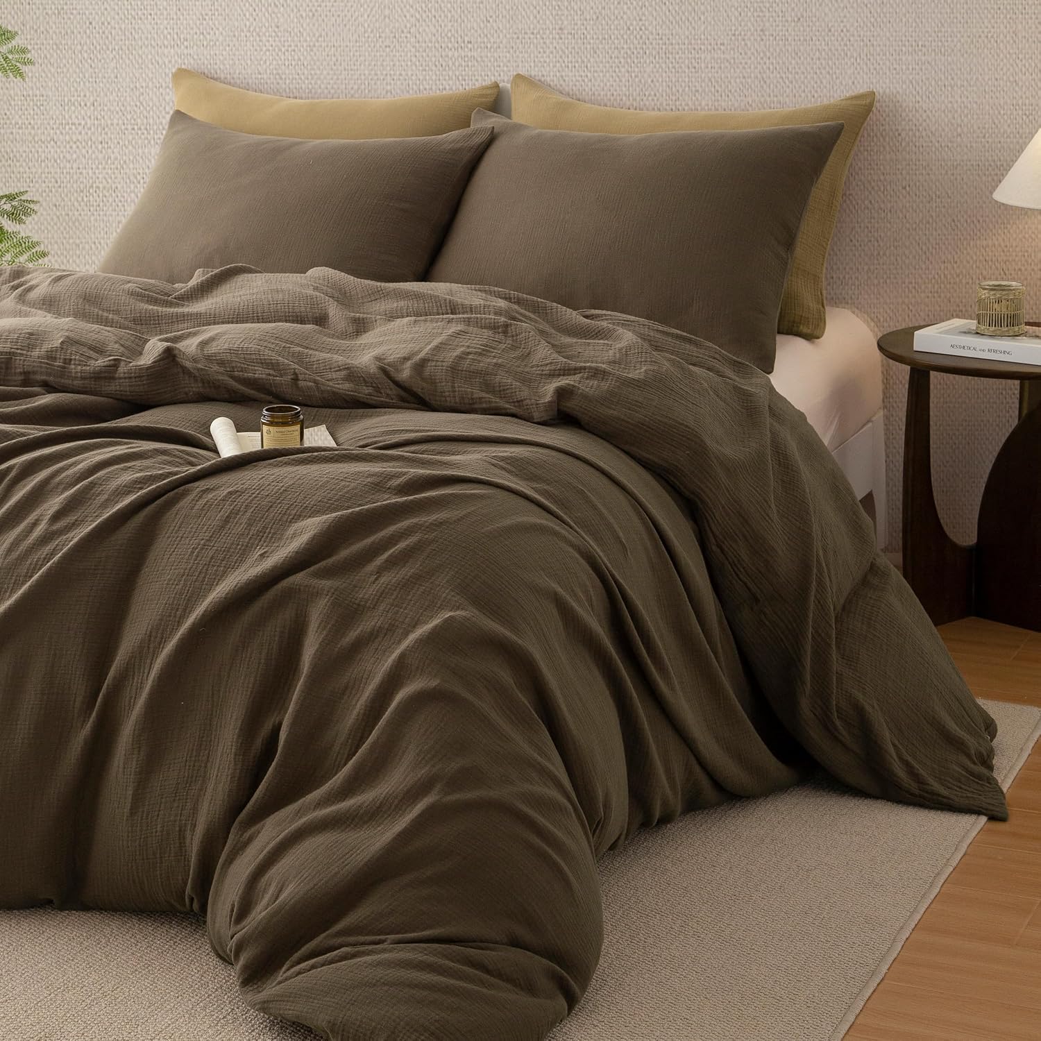 Muslin Duvet Cover 100% Washed Cotton, Oversized King Size Duvet Cover Set Linen Like, Minimalist Soft Comforter Cover, Lightweight Gauze Duvet Cover with 2 Pillowcases, 98'x120', Dark Brown