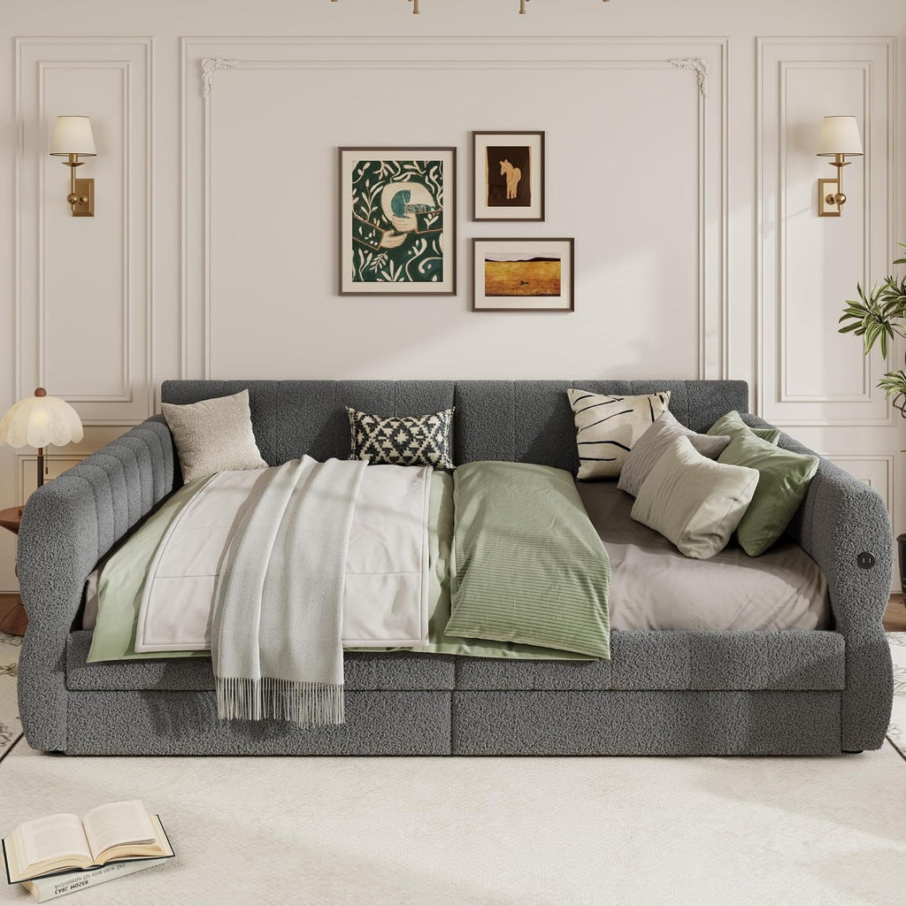 RuiSiSi King Size Daybed with Drawers, Upholstered Daybed with USB Ports, King Upholstered Sofa Bed Frame with Storage, Gray