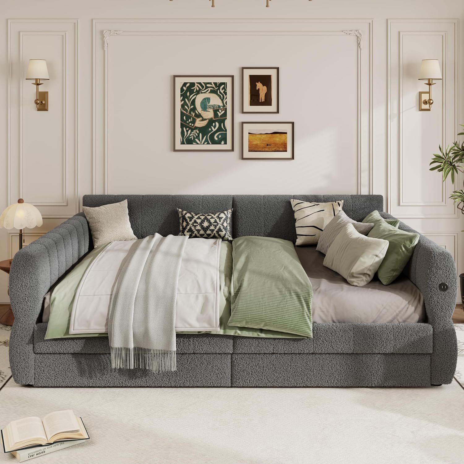 RuiSiSi King Size Daybed with Drawers, Upholstered Daybed with USB Ports, King Upholstered Sofa Bed Frame with Storage, Gray