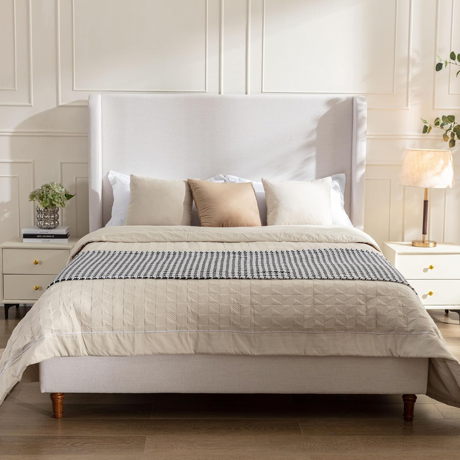 Queen Size Bed Frame With Headboard,54' Headboard Chenille Upholstered Platform Bed,Bedroom Furniture Sets No Springs Required,Metal Bed Frame With Wooden Slats for Strong Support,No Noise Free,Ivory