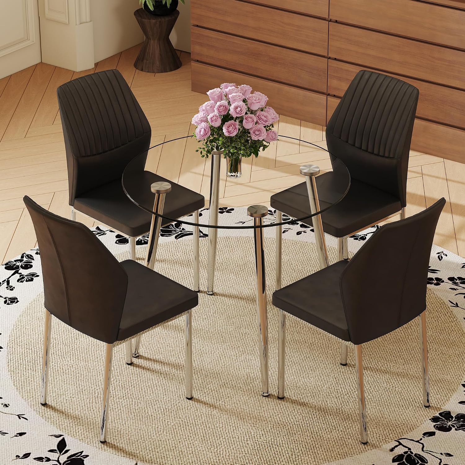 Dining Room Chairs Set of 6,Comfortable,Fashionable Soft Padded Kitchen Chairs High Backrests Metal Legs. Suitable for Living Room and Bedroom (Black+Silver Leg Set of 6)