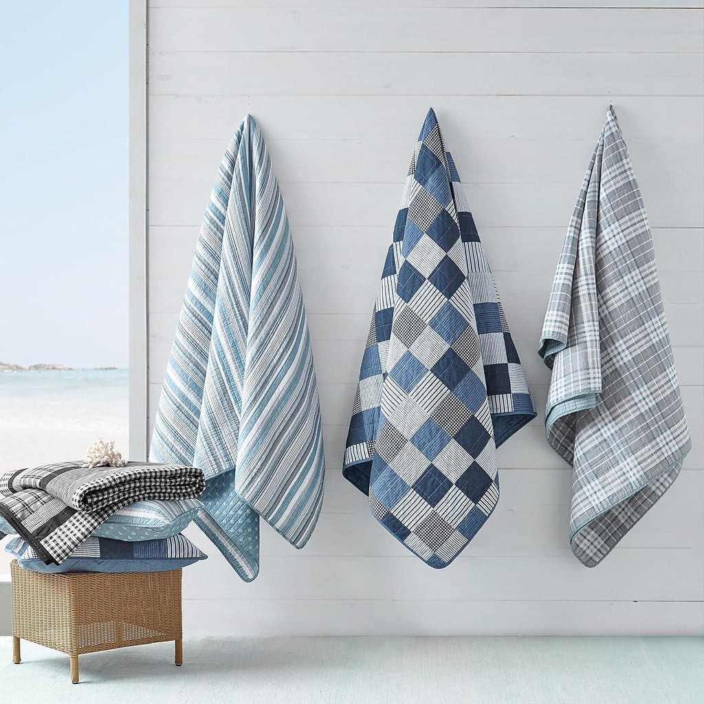 Nautica - Queen Quilt Set, 100% Cotton Bedding with Matching Shams, Reversible Stripe and Anchor Design, Lightweight for Year-Round Layering (Jettison Blue)