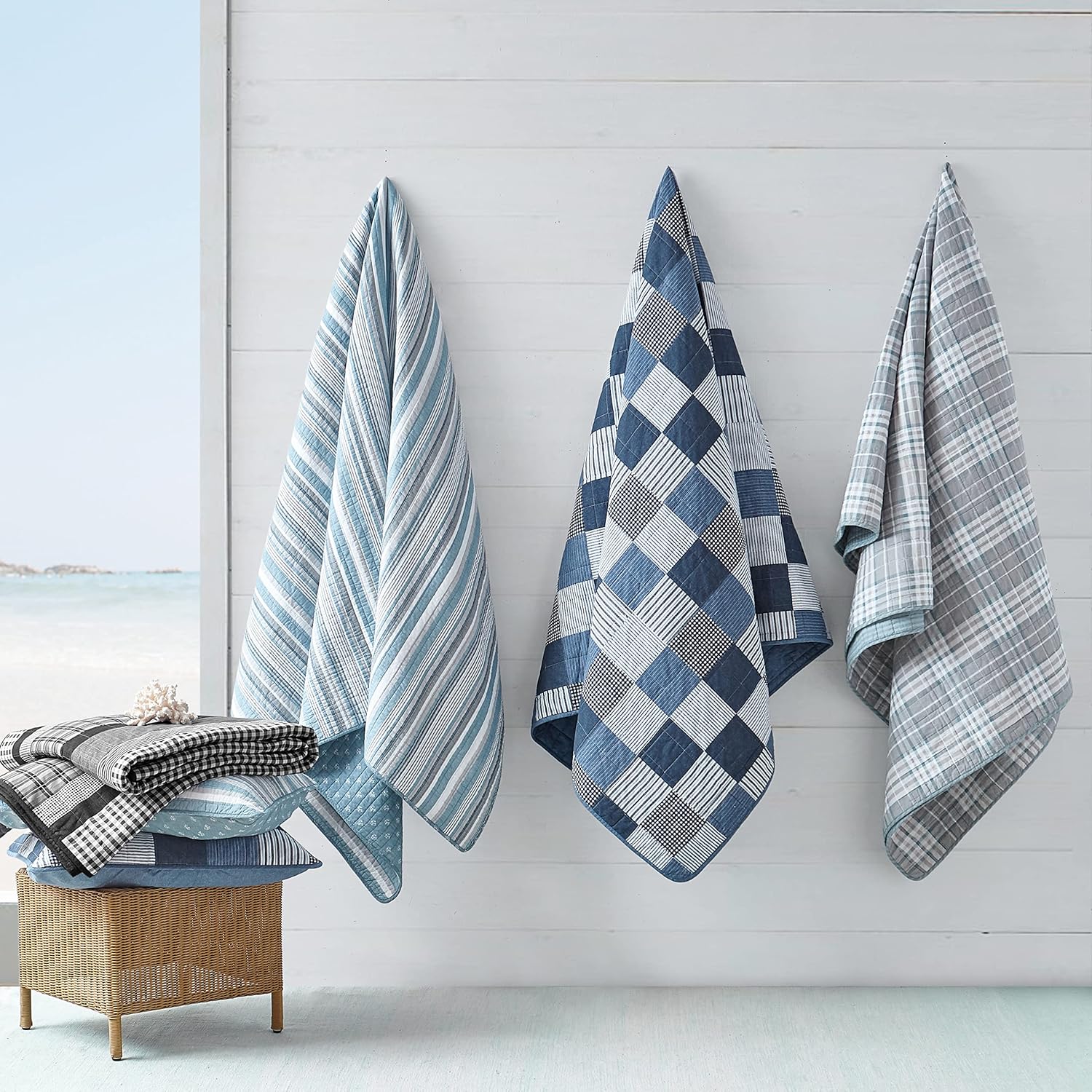 Nautica - Queen Quilt Set, 100% Cotton Bedding with Matching Shams, Reversible Stripe and Anchor Design, Lightweight for Year-Round Layering (Jettison Blue)