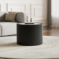 17.71' Black Round Coffee Table, Drum Coffee Table with Sintered Stone Tabletop and Fluted PU Leather Covered and Stable Base, Circle Cocktail Tea Table for Living Room