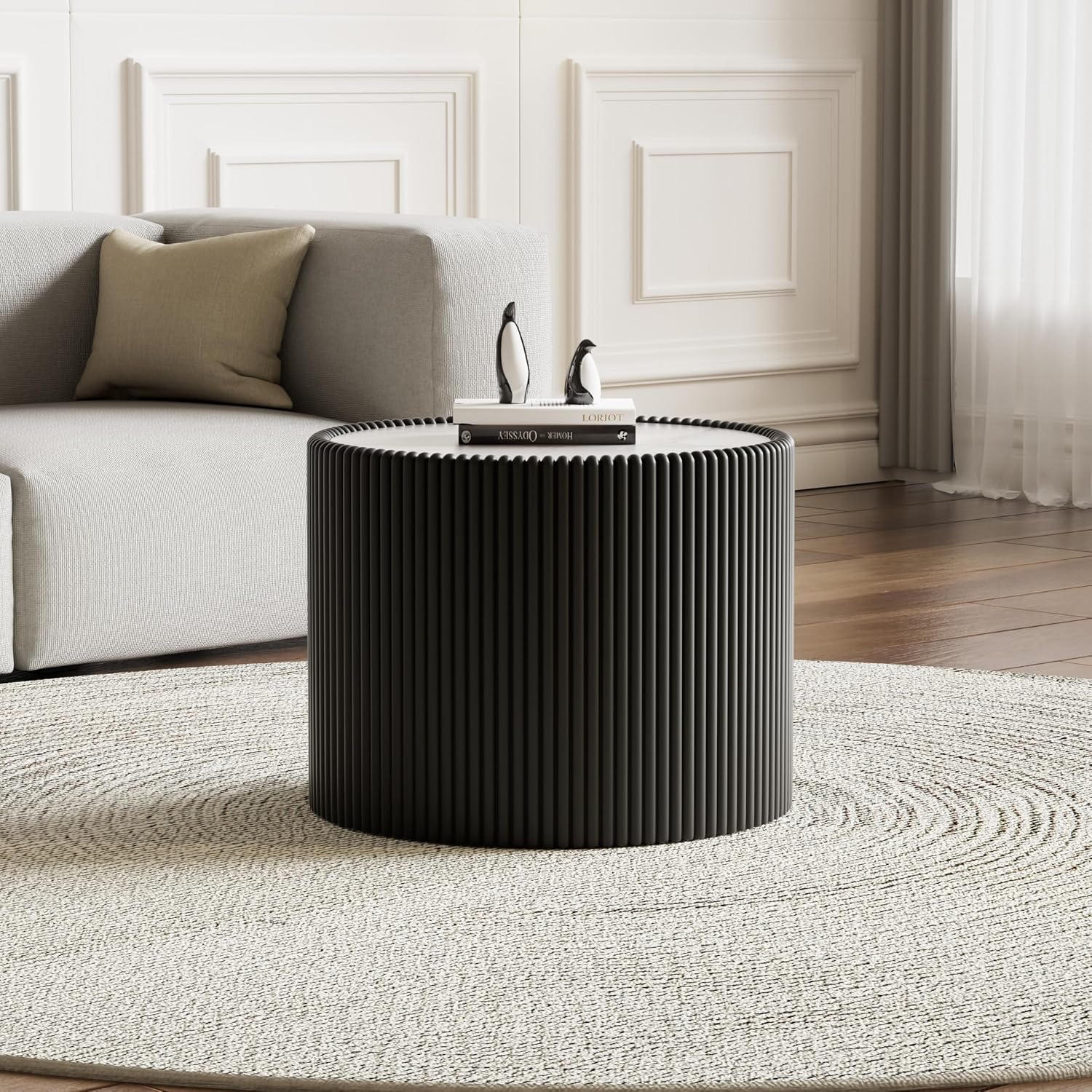 17.71' Black Round Coffee Table, Drum Coffee Table with Sintered Stone Tabletop and Fluted PU Leather Covered and Stable Base, Circle Cocktail Tea Table for Living Room