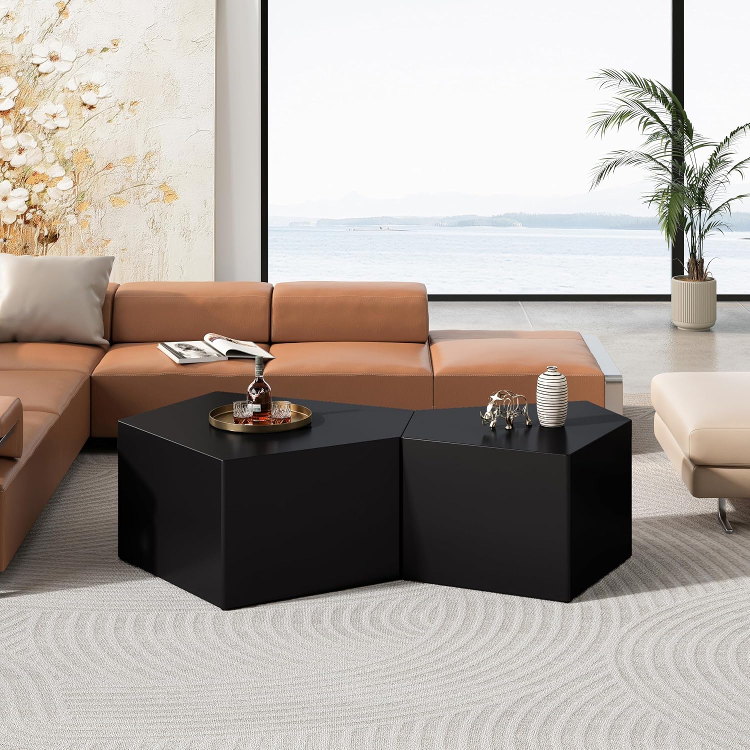 Irregular Nesting Coffee Table Set of 2, Modern Pentagon Side Table Set, 2 Piece Nesting End Table Accent Tables Coffee Table for Living Room Bedroom Apartment - Black