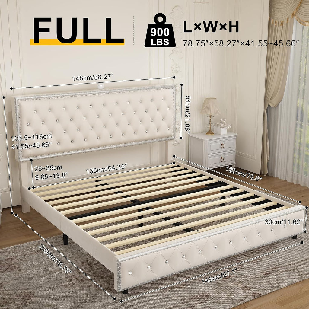 Full Upholstered Platform Bed Frame with LED Headboard, Built-in Star Projector & Adjustable Headboard, No Box Spring Needed, Easy Assembly, Solid Wood Slats,Modern Bedroom Furniture, Velvet Cream