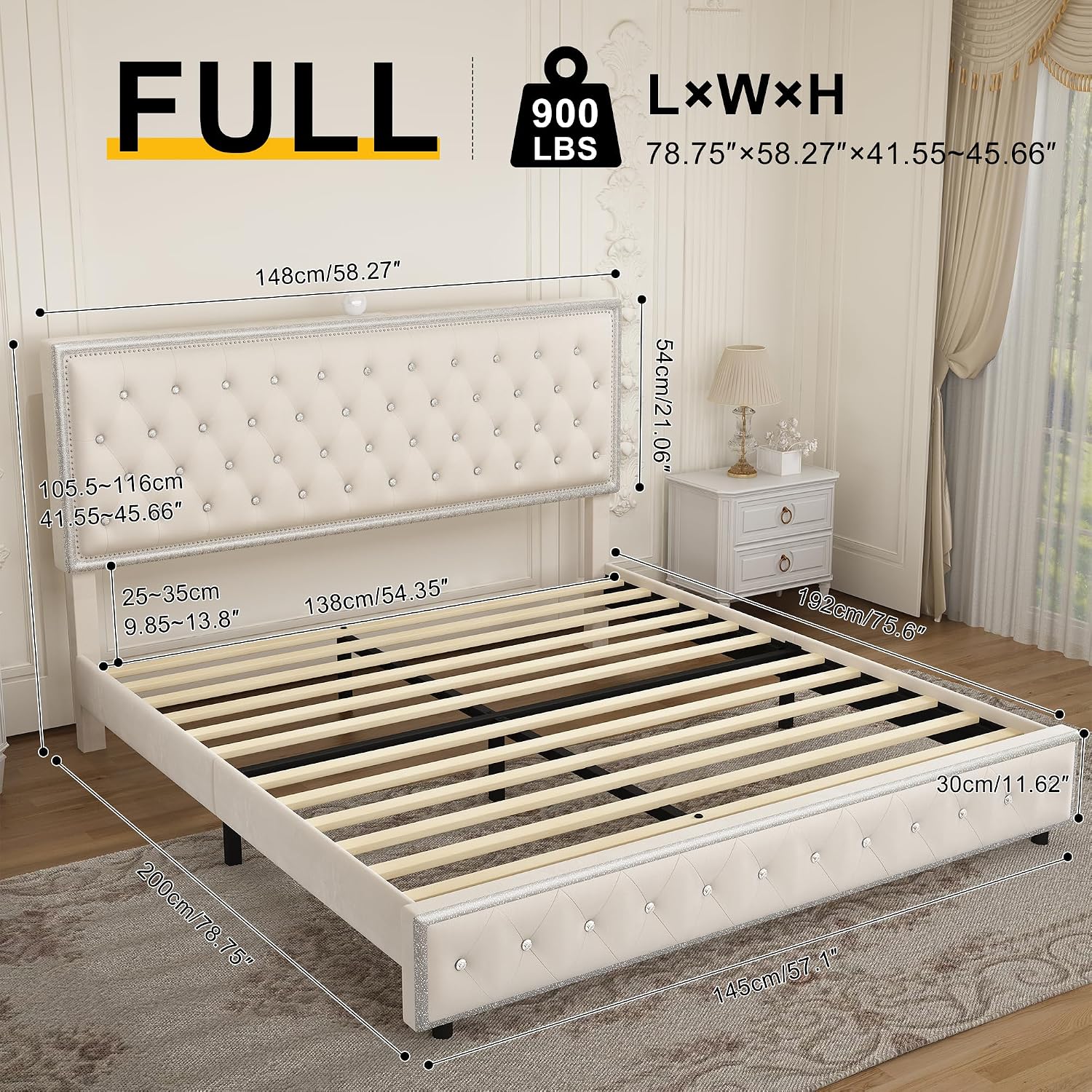 Full Upholstered Platform Bed Frame with LED Headboard, Built-in Star Projector & Adjustable Headboard, No Box Spring Needed, Easy Assembly, Solid Wood Slats,Modern Bedroom Furniture, Velvet Cream