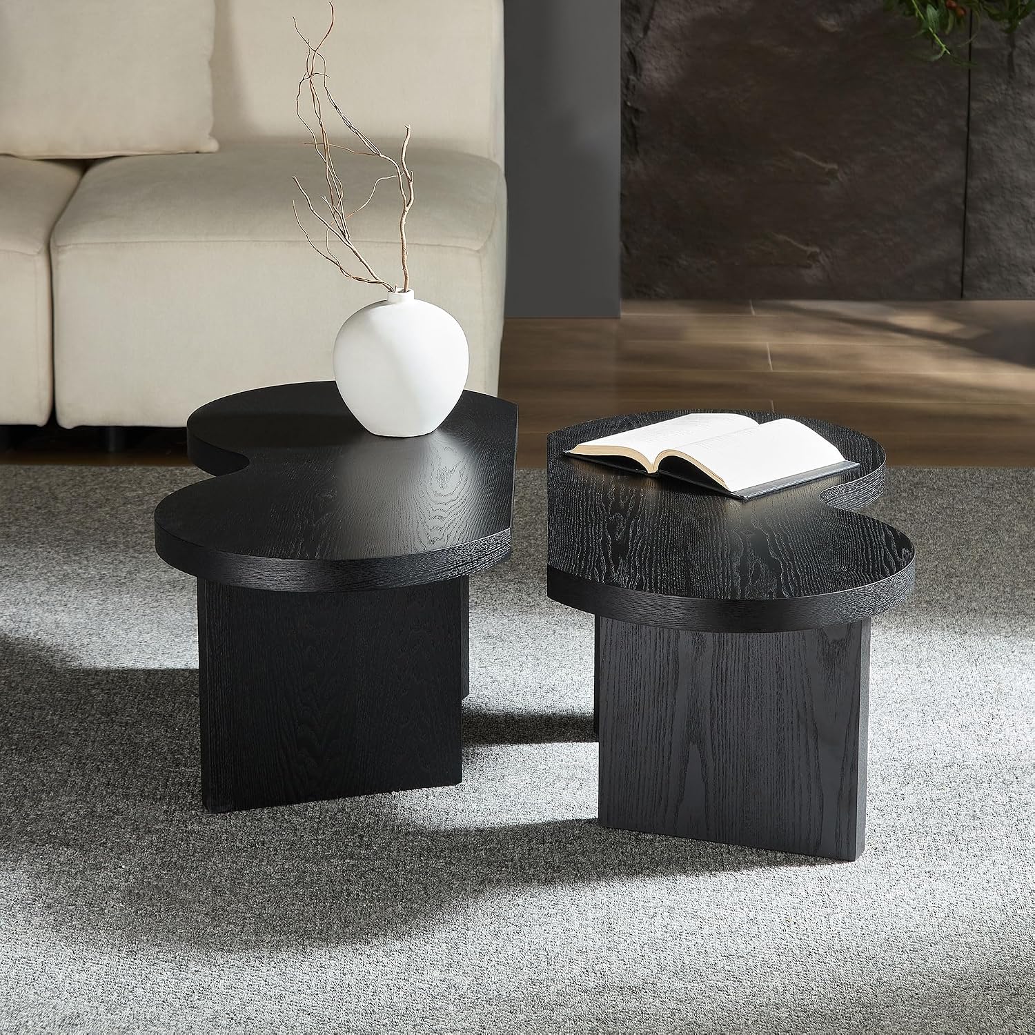 31.49' Nesting Coffee Table Set of 2 for Living Room, Couch/Bedroom Side, Unique Butterfly Shaped, Irregular Wood Fun Center Table for Small Space- Black