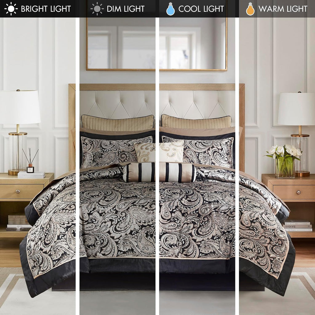 Madison Park Aubrey Cozy Comforter Set, Faux Silk Jacquard Paisley Design - All Season Down Alternative Bedding with Cotton Bed Sheets, Bed Skirt & Toss Pillows, Full Black 12 Piece