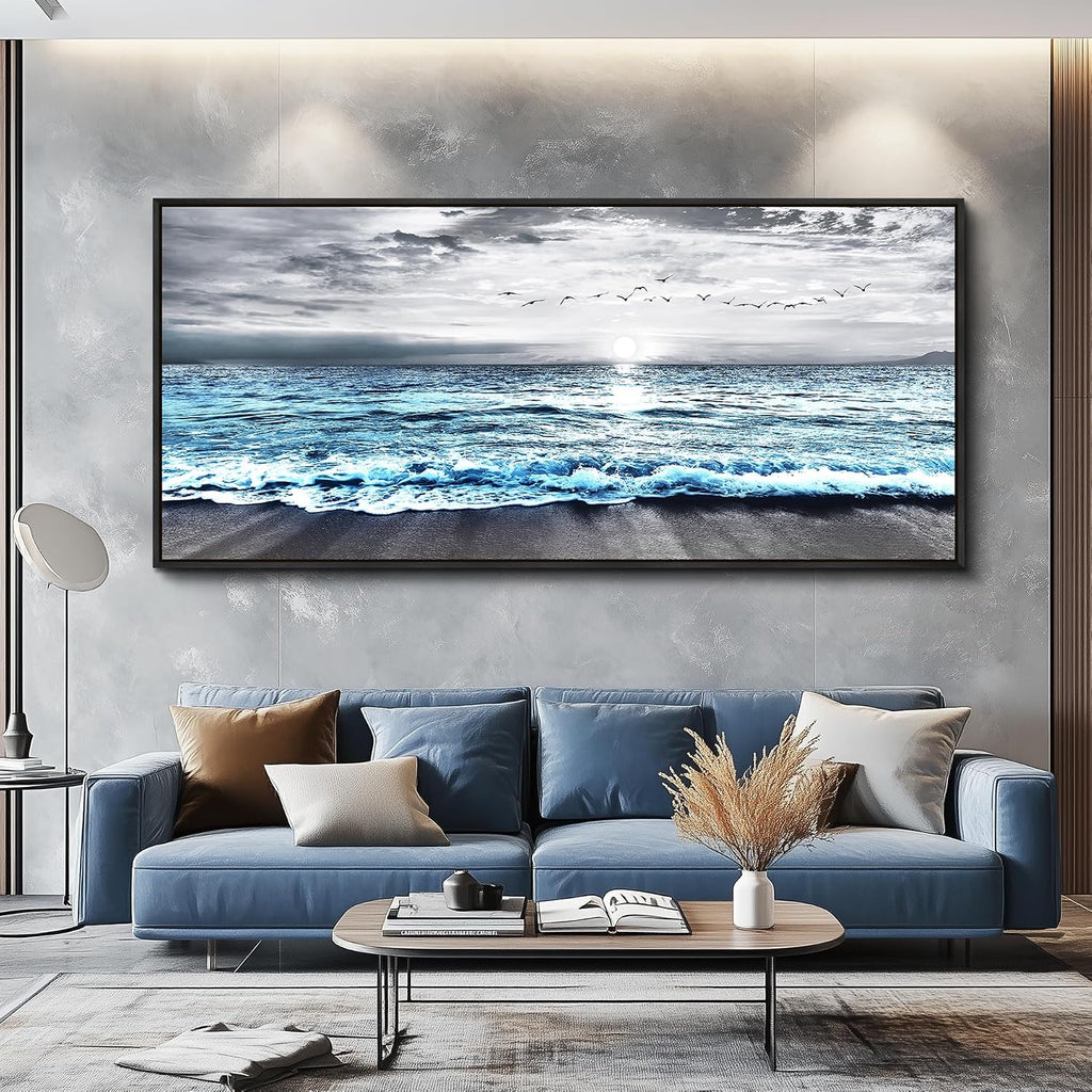 Wapluam Framed Wall Art for Bedroom Decor, Beach Canvas Wall Art Large Ocean Sunset Seascape Print, Modern Coastal Landscape Artwork for Living Room Bathroom Home Decor Ready to Hang 32x72 In