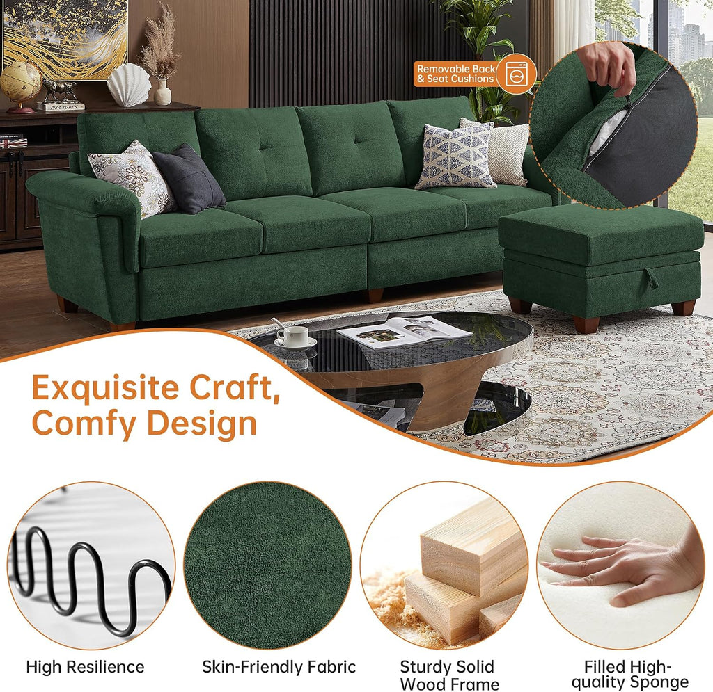 4-Seat Sectional Couches for Living Room, Bedroom, Office, L Shape Convertible Sectional Sofa Couch with Ottoman and Cup Holders, Green