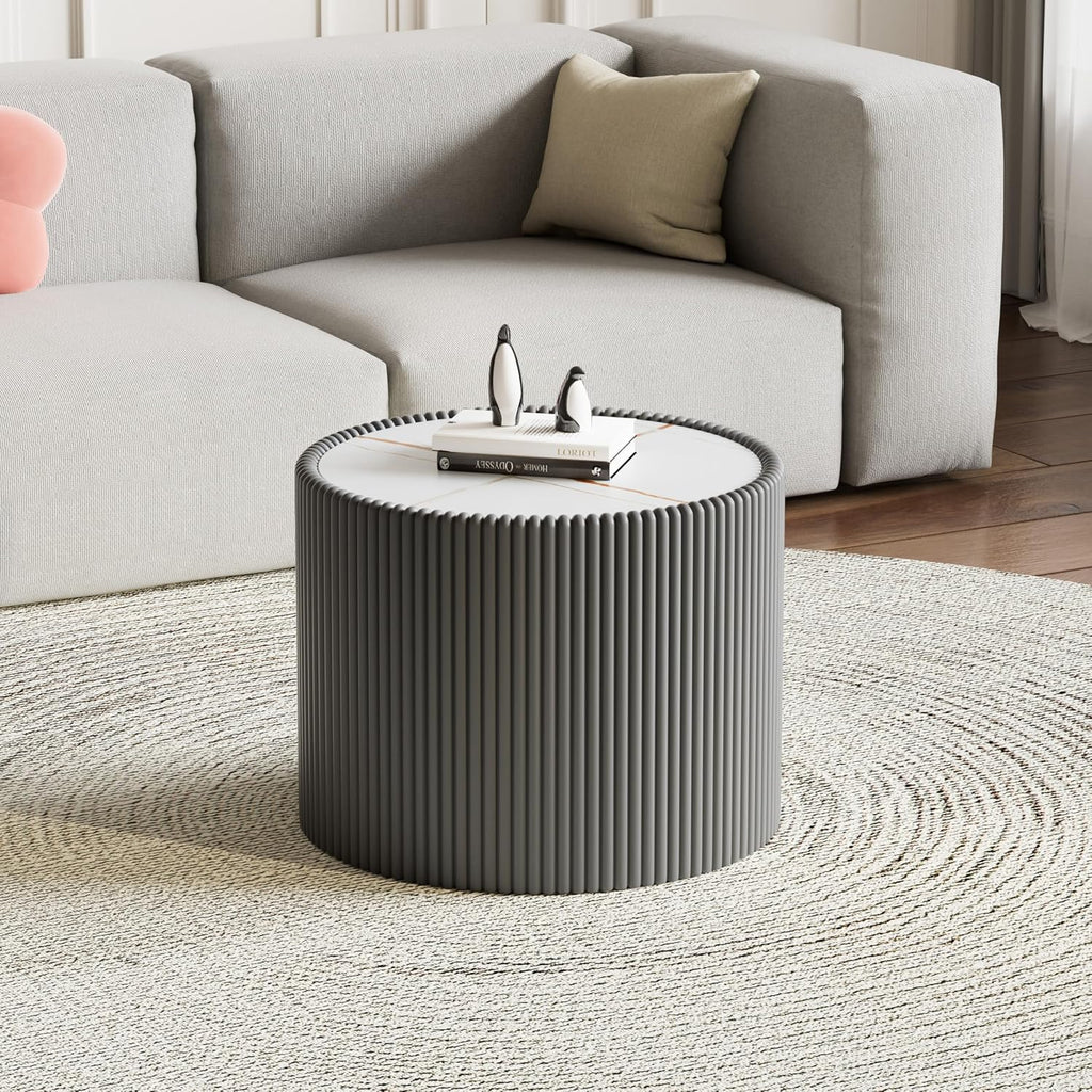 Round Coffee Table Set, 29.52' Black Drum Center Table and 17.71' Grey Coffee Table Set, 2 Pieces Living Room Table Set with Sintered Stone Tabletop, Fluted PU Leather Covered and Stable Base