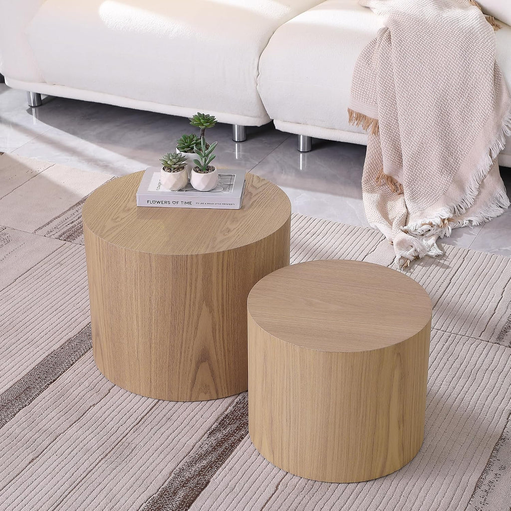 Black Round Nesting Coffee Table Set of 2, Modern Wood Side Table Full Assembly for Small Space Living Room Apartment - Oak