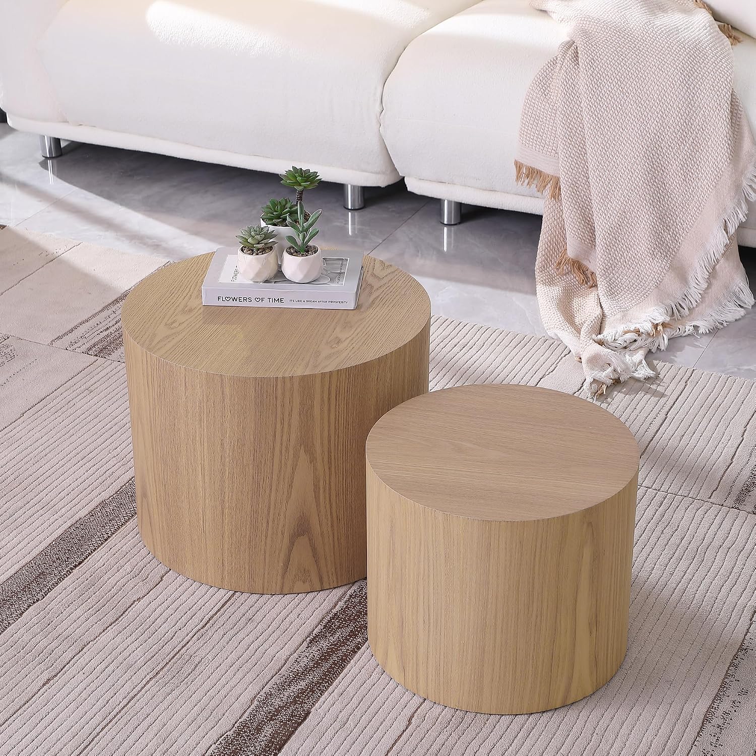Black Round Nesting Coffee Table Set of 2, Modern Wood Side Table Full Assembly for Small Space Living Room Apartment - Oak