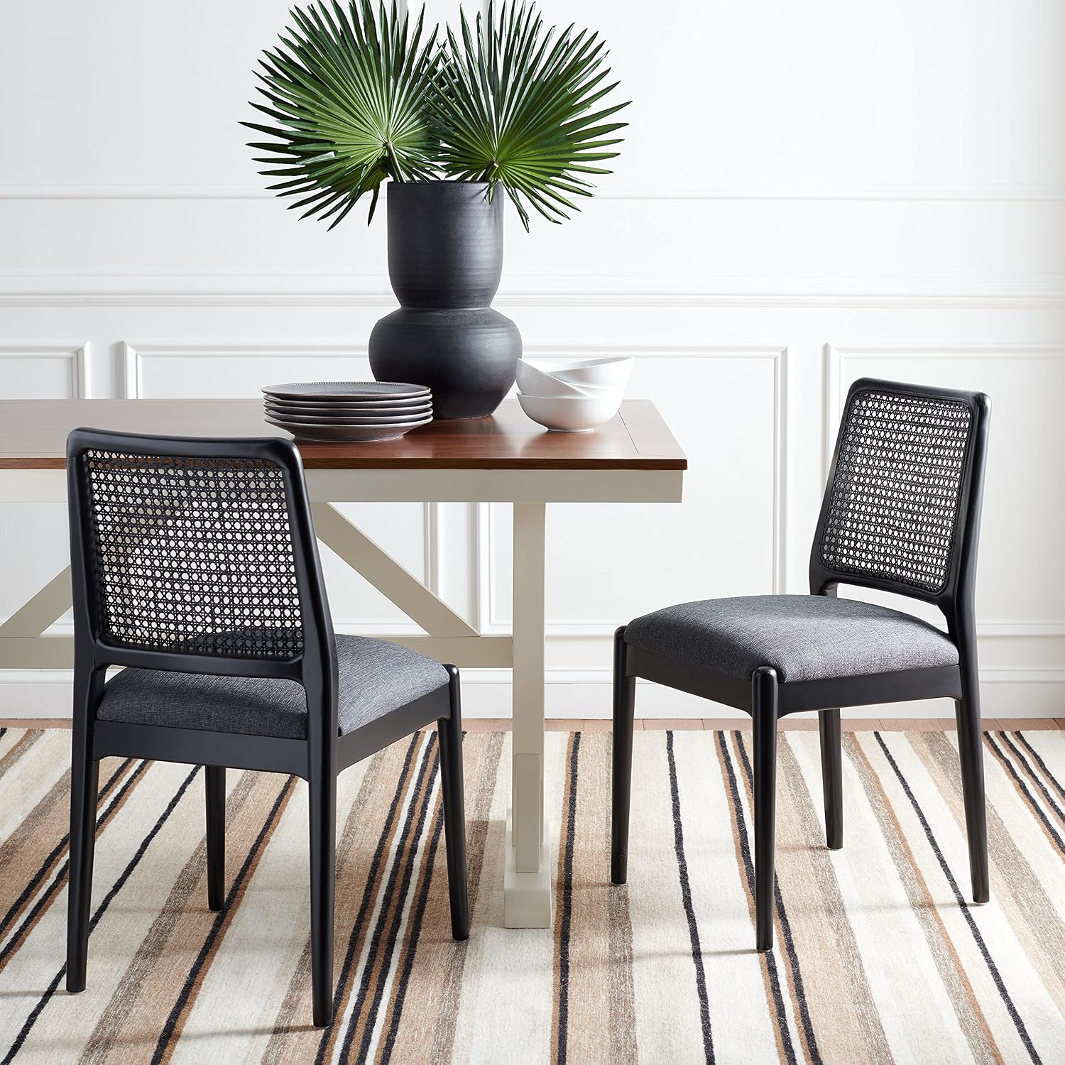 SAFAVIEH Home Collection Reinhardt Rattan Cushion Dining Chair (Set of 2) -Fully Assembled DCH8800C-SET2, Black/Grey