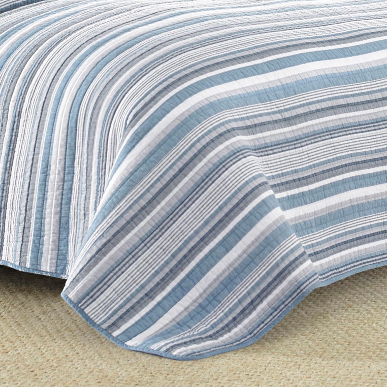 Nautica - Queen Quilt Set, 100% Cotton Bedding with Matching Shams, Reversible Stripe and Anchor Design, Lightweight for Year-Round Layering (Jettison Blue)