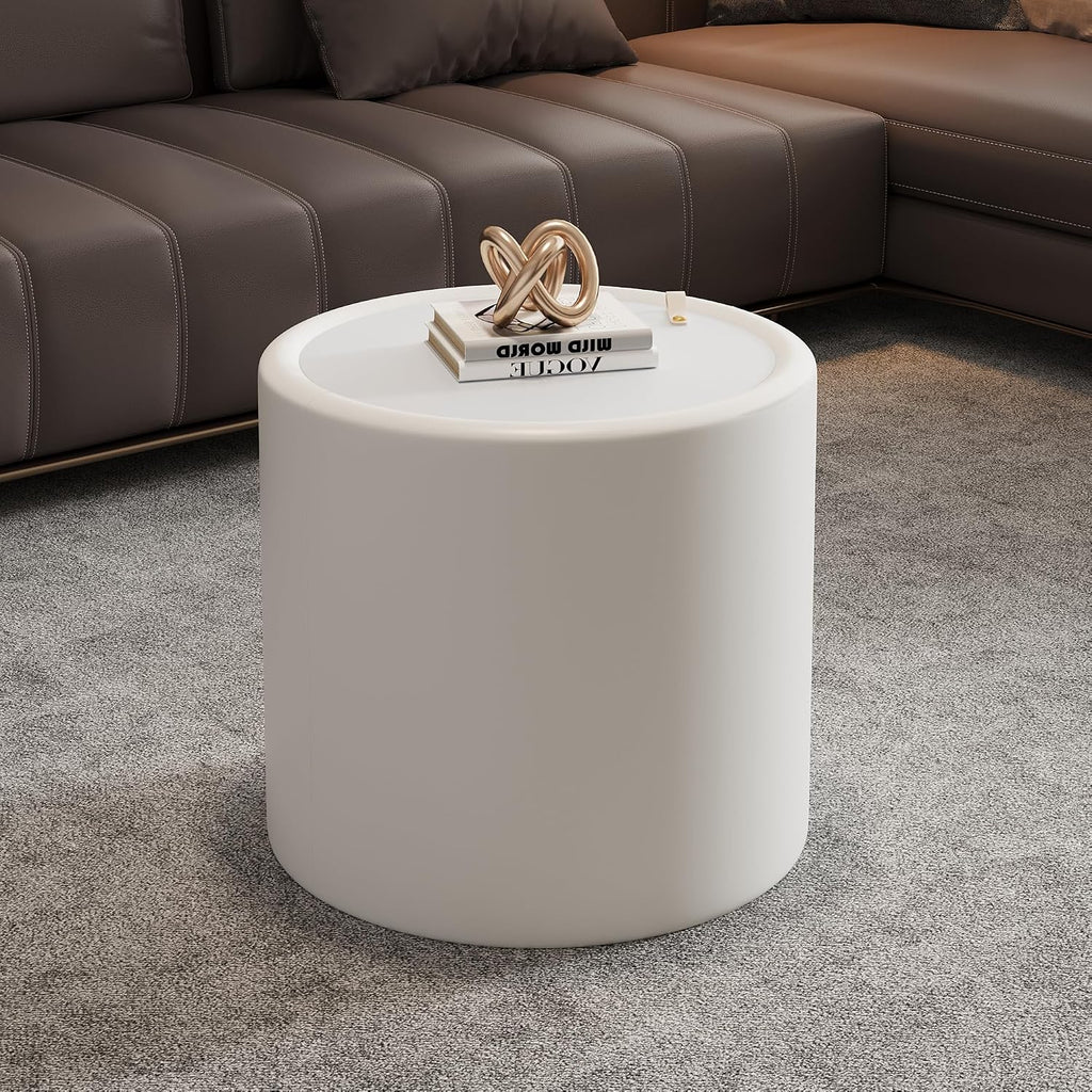 19.69' White Round Coffee Table with Hidden Storage, Drum Coffee Table with Tempered Glass Top and PU Leather Body, Circle Cocktail Tea Table for Living Room, No Assemble