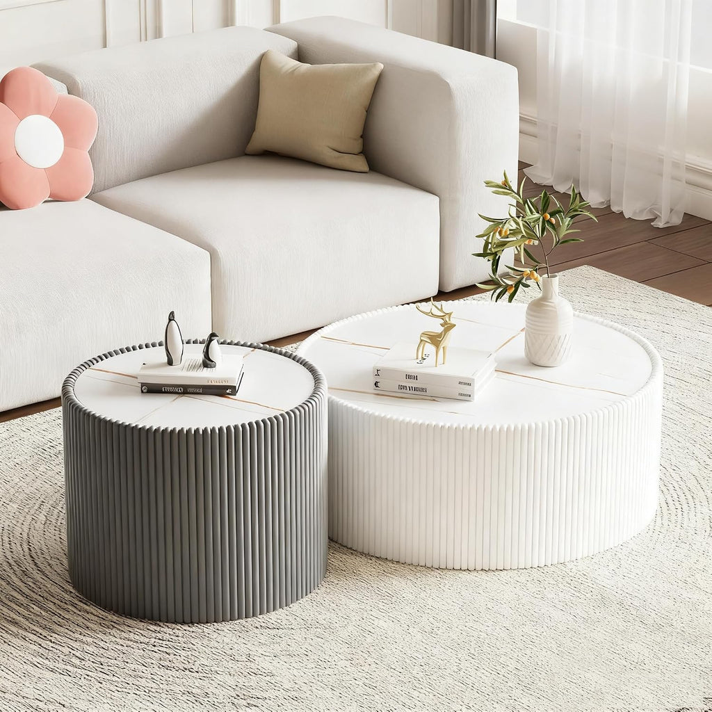 Round Coffee Table Set, 29.52' White Drum Center Table and 17.71' Grey Coffee Table Set, 2 Pieces Living Room Table Set with Sintered Stone Tabletop,Fluted PU Leather Covered and Stable Base