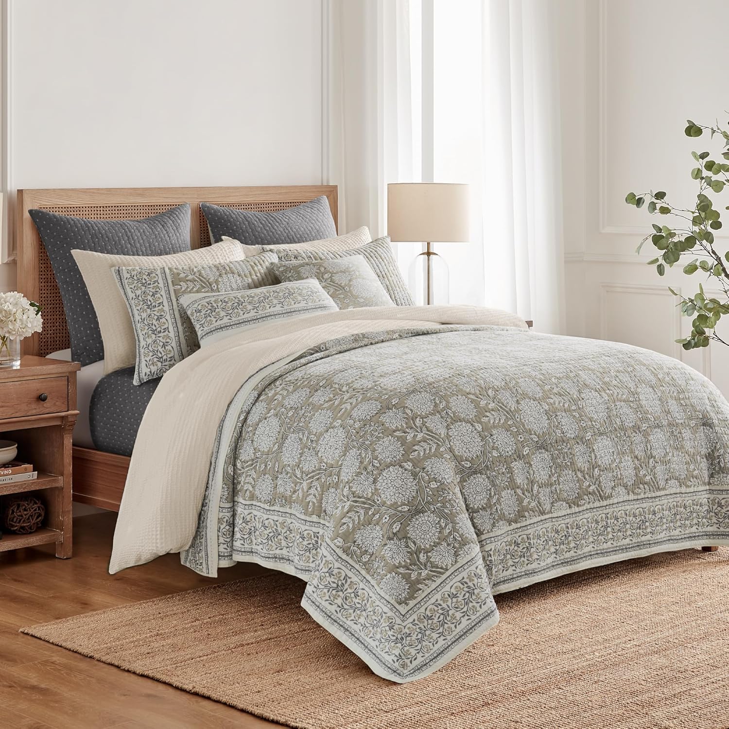 Levtex Home Adare Taupe Reversible Twin XL/Twin Quilt Set (68x86in) with 1 Pillow Sham (26x20in) - Floral Bedding - Taupe White - Cotton Twin Size Quilt Bedding Set - Lightweight, Soft, Pre-Washed