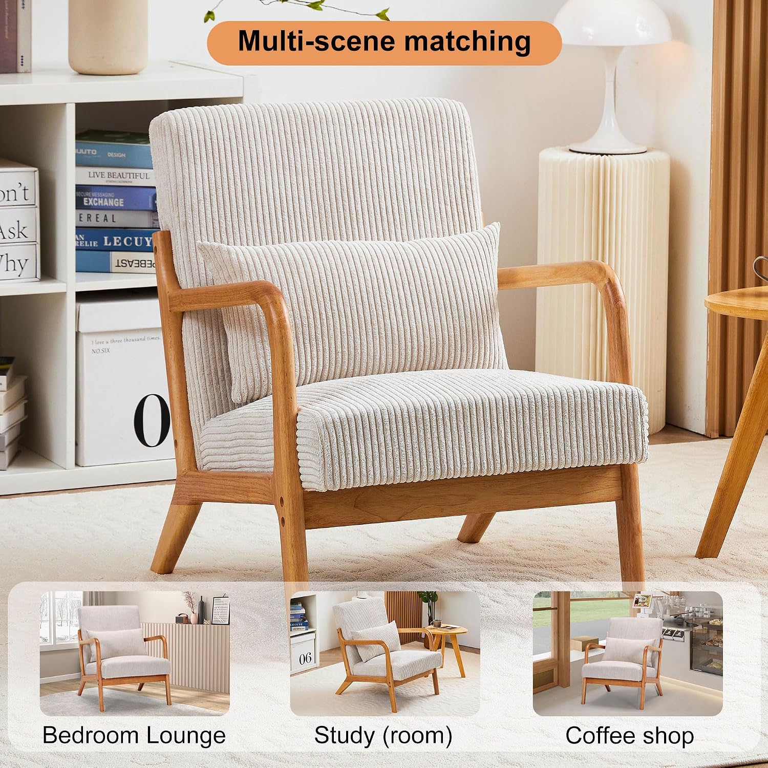QQU Corduroy Accent Chairs Set of 2 with Waist Cushions, Mid-Century Modern Living Room Chairs, Sturdy Wood Frame Armchairs, Upholstered Accent Chairs Set for Living Room, Bedroom, Apartments, Beige