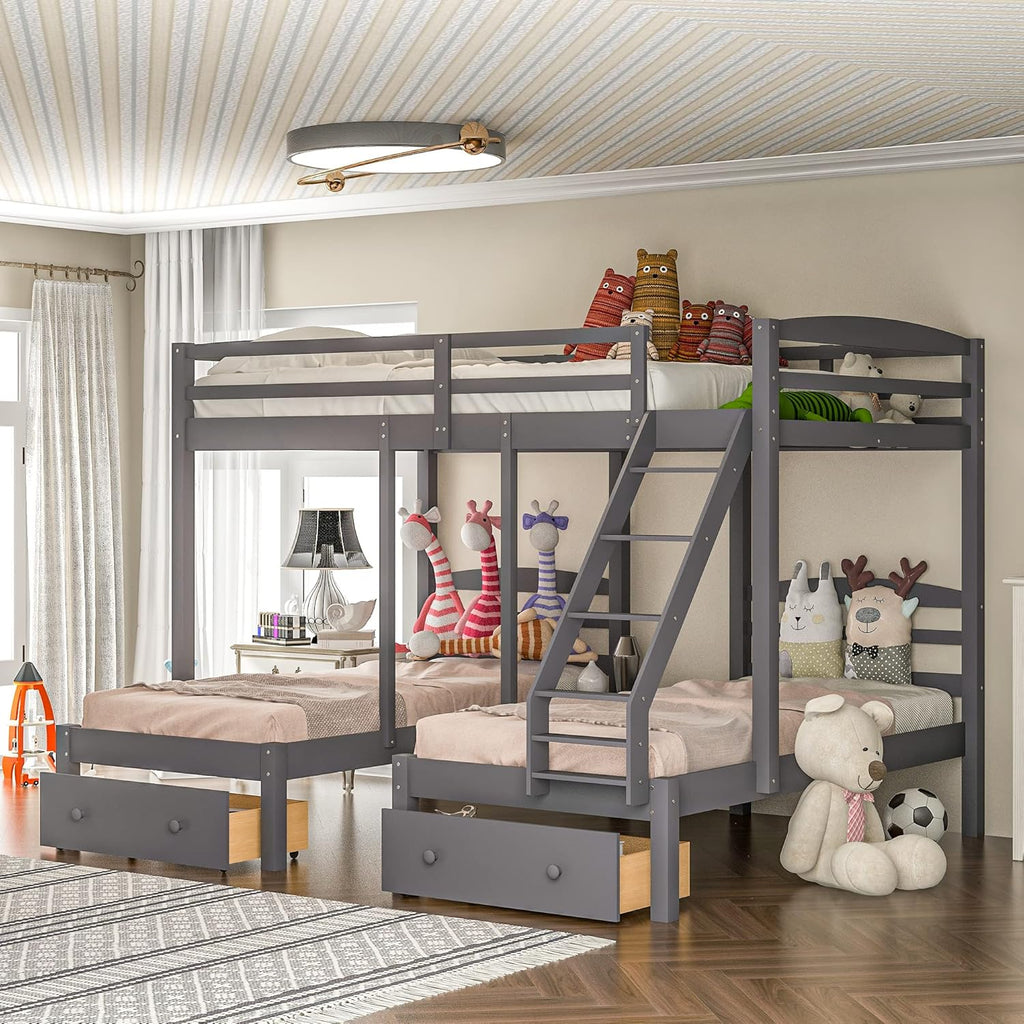 Wood Triple Bed Bunk Bed with 2 Storage Drawers, 3-in 1 Full Over Twin & Twin Bunk Bed Frame with Built-in Middle Drawer, Guardrail Ladder for Kids Teens Adults, Maximized Space Design (Grey-full)