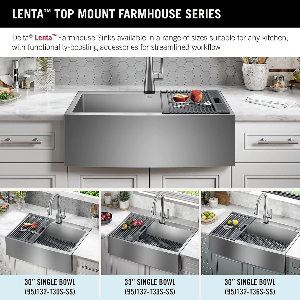 DELTA FAUCET Delta Lenta 30-inch Retrofit Farmhouse Apron Front 16 Gauge Stainless Steel Single Bowl Kitchen Sink for Undermount/Drop-In Installation with Accessories, 95J132-T30S-SS