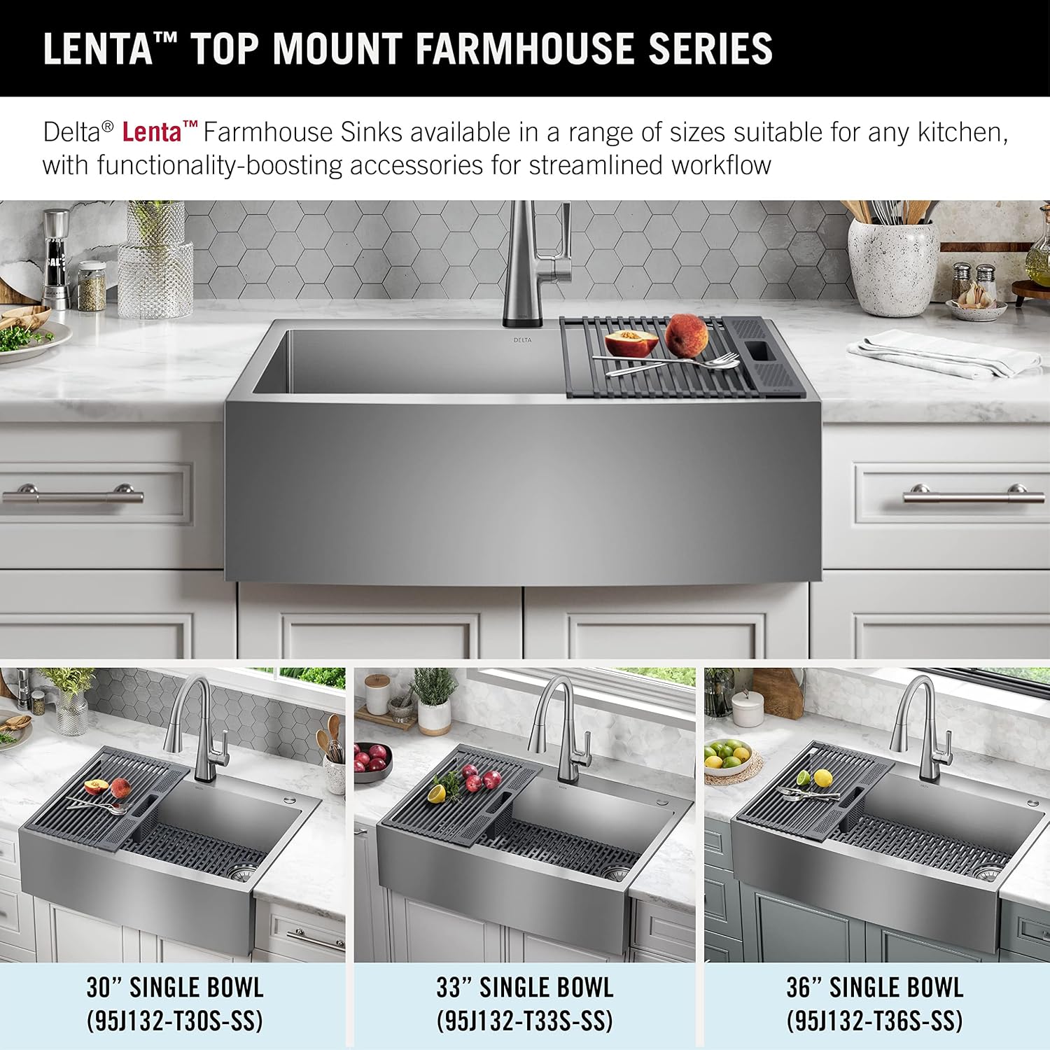 DELTA FAUCET Delta Lenta 30-inch Retrofit Farmhouse Apron Front 16 Gauge Stainless Steel Single Bowl Kitchen Sink for Undermount/Drop-In Installation with Accessories, 95J132-T30S-SS