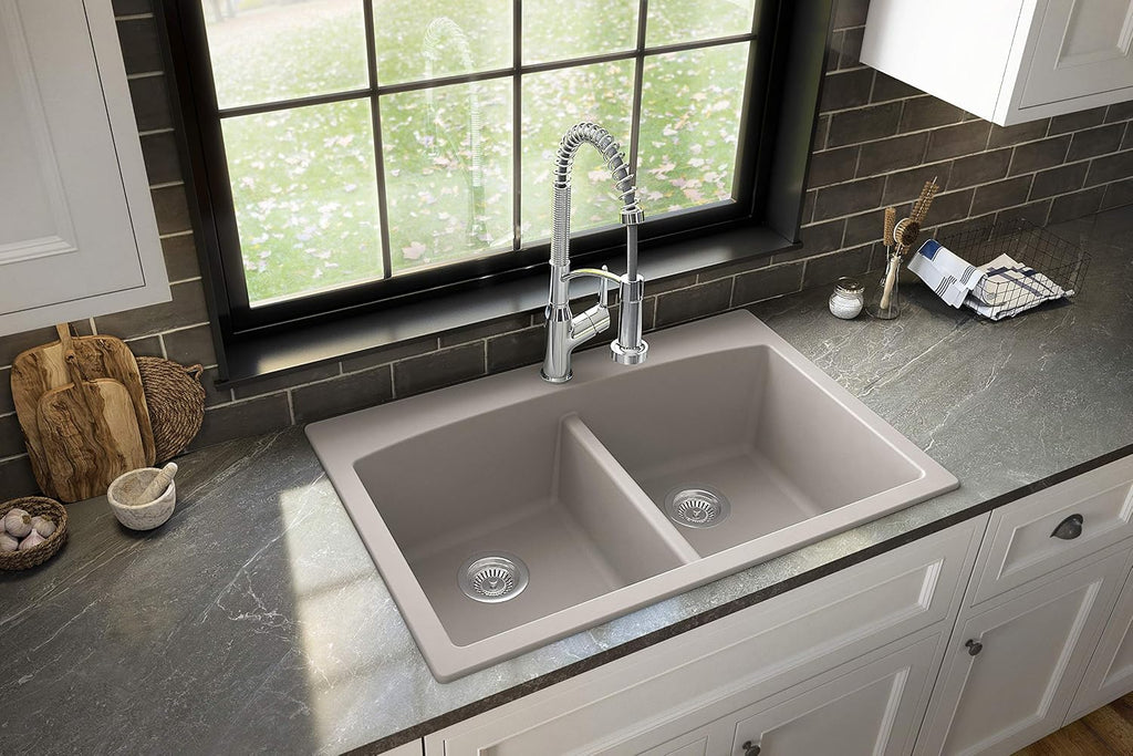 Karran QT-710 33 Inch Top Mount Double Bowl Kitchen Sink, 50/50 Low Divide Quartz Composite Drop-In Sink, Rear Drain, Heat and Scratch Resistant, Concrete