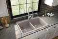 Karran QT-710 33 Inch Top Mount Double Bowl Kitchen Sink, 50/50 Low Divide Quartz Composite Drop-In Sink, Rear Drain, Heat and Scratch Resistant, Concrete