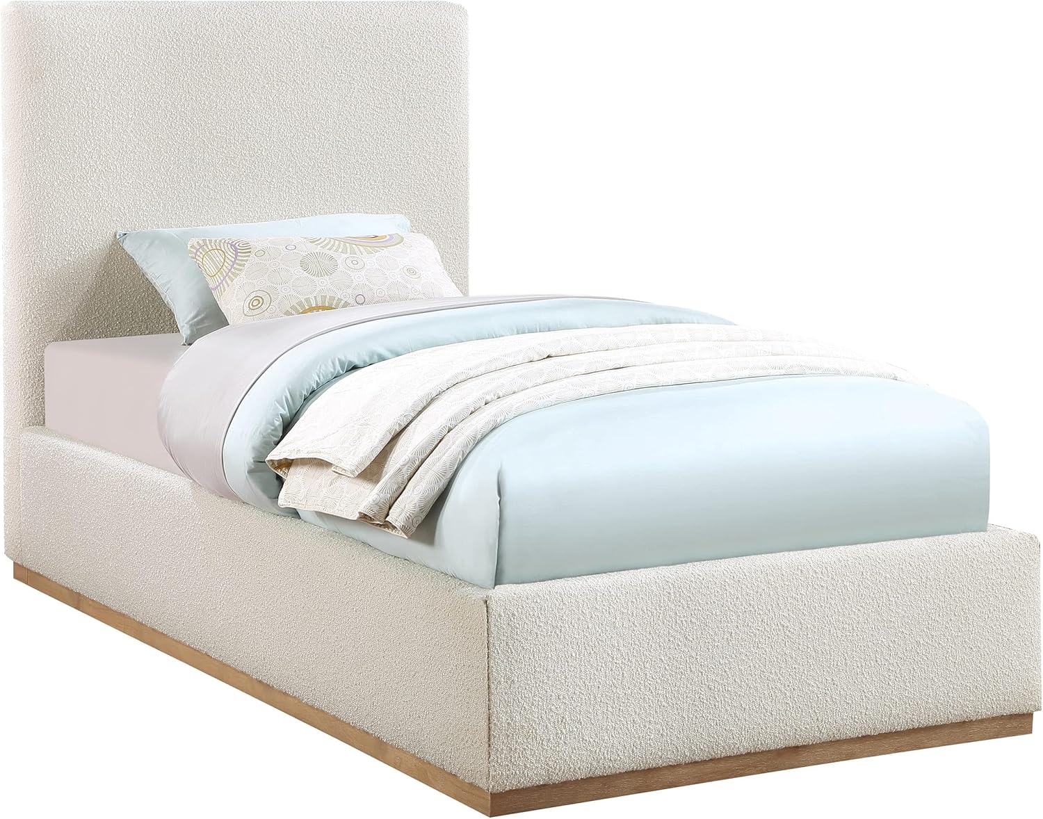Meridian Furniture MonacoCream-T Monaco Collection Modern | Contemporary Boucle Fabric Upholstered Twin Bed withSolid Wood Natural Wire Brush Finish, 43.5' W x 82.5' D x 52' H, Cream, Twin