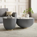 Round Living Room Table Set, 27.56' Grey Drum Center Table and 19.69' Grey Coffee Table Set, 2 Pieces Coffee Table Set with Sintered Stone Tabletop, Fluted PU Leather Covered and Metal Base