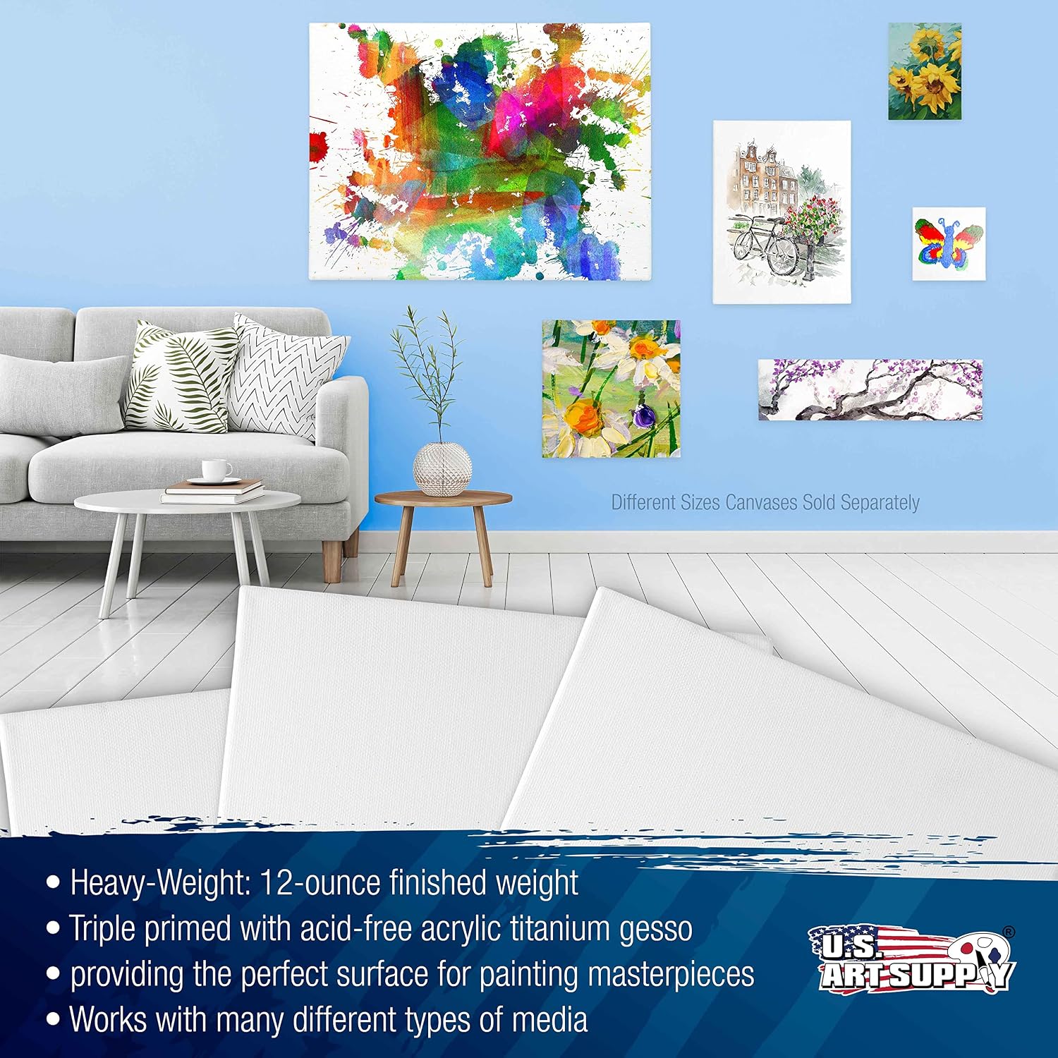 U.S. Art Supply 36 x 48 inch Stretched Canvas 12-Ounce Triple Primed, 3-Pack - Professional Artist Quality White Blank 3/4' Profile, 100% Cotton, Heavy-Weight Gesso - Acrylic Pouring, Oil Painting
