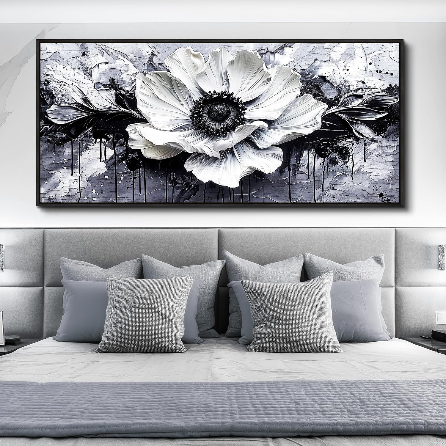 JUDASJART Black and white Canvas Painting Wall Decor For Living Room Wall Art For Bedroom Office Decoration Abstract Flowers Artworks Pictures Ready To Hang Modern Aesthetics Home Decor 32x72 In