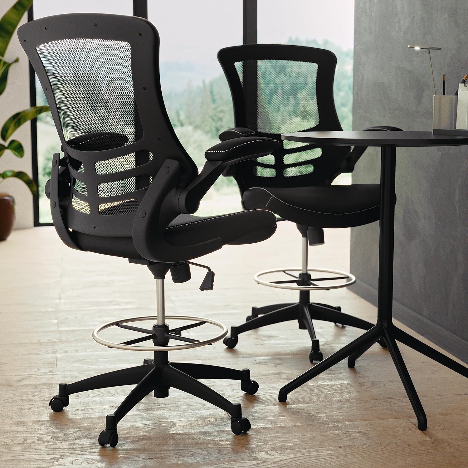 Flash Furniture Kelista Mid-Back Swivel Office Chair with Adjustable LeatherSoft Seat Height, Ergonomic Mesh Chair with Flip-Up Arms, Black