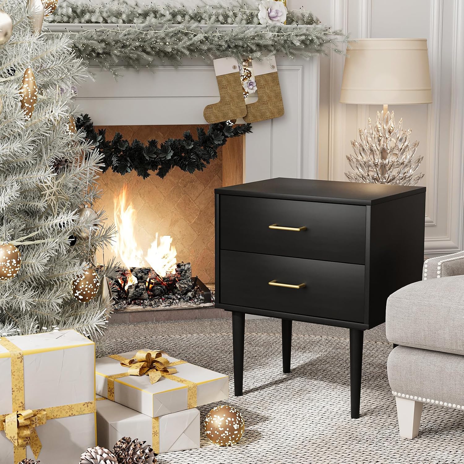 Modern Black Bedside Cabinet with Metal Handles | 2-Drawer Nightstand Set of 2, Solid Wood Legs & Metal Slides for Bedroom Living Room