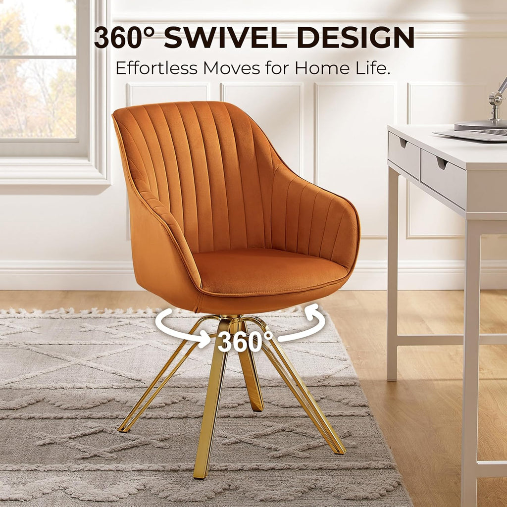 Volans Swivel Accent Chair, Mid Century Modern Swivel Desk Chair with Hollow Brushed Gold Plated Legs Office Chairs for Living Room, Dining Room, Small Space, Cinnamon
