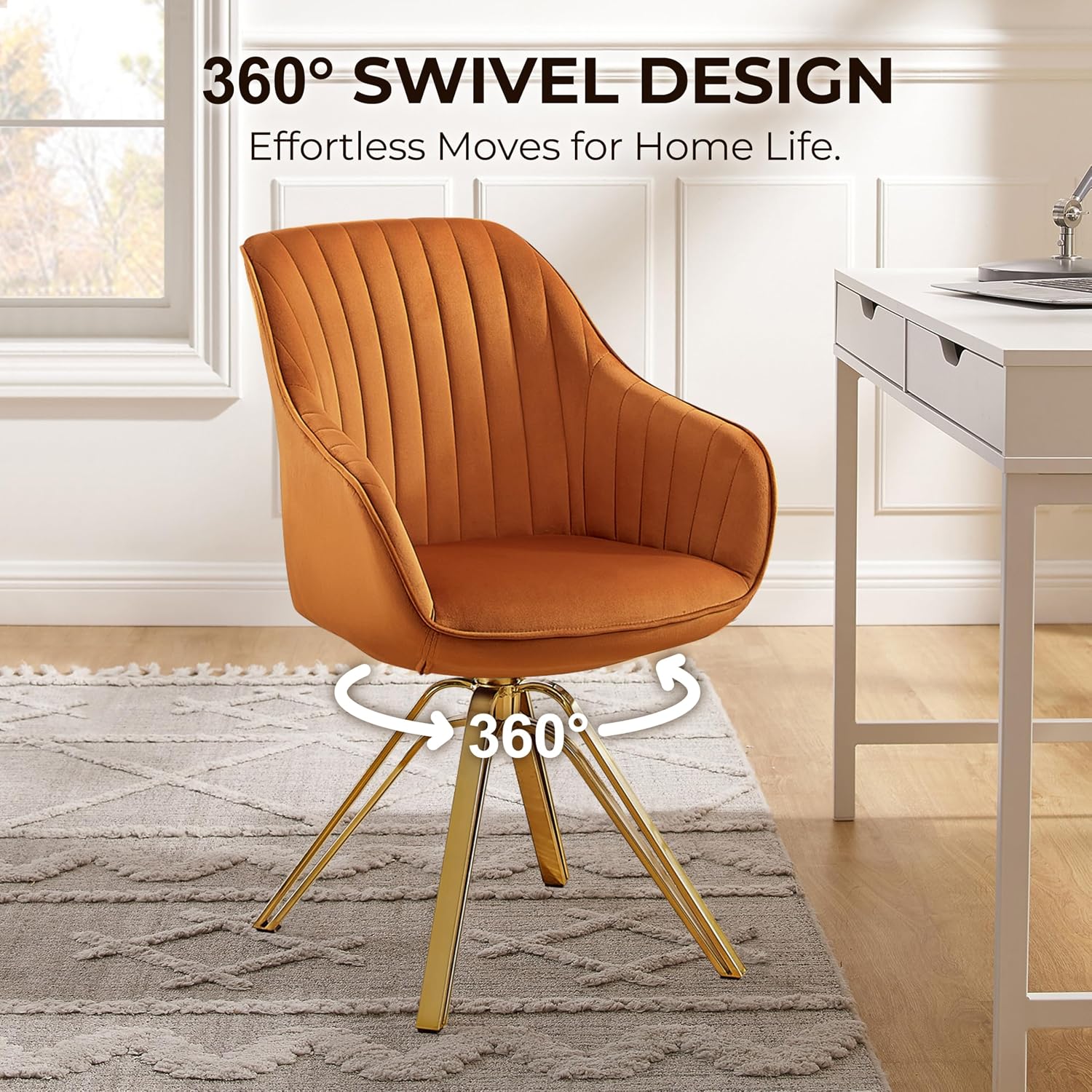 Volans Swivel Accent Chair, Mid Century Modern Swivel Desk Chair with Hollow Brushed Gold Plated Legs Office Chairs for Living Room, Dining Room, Small Space, Cinnamon