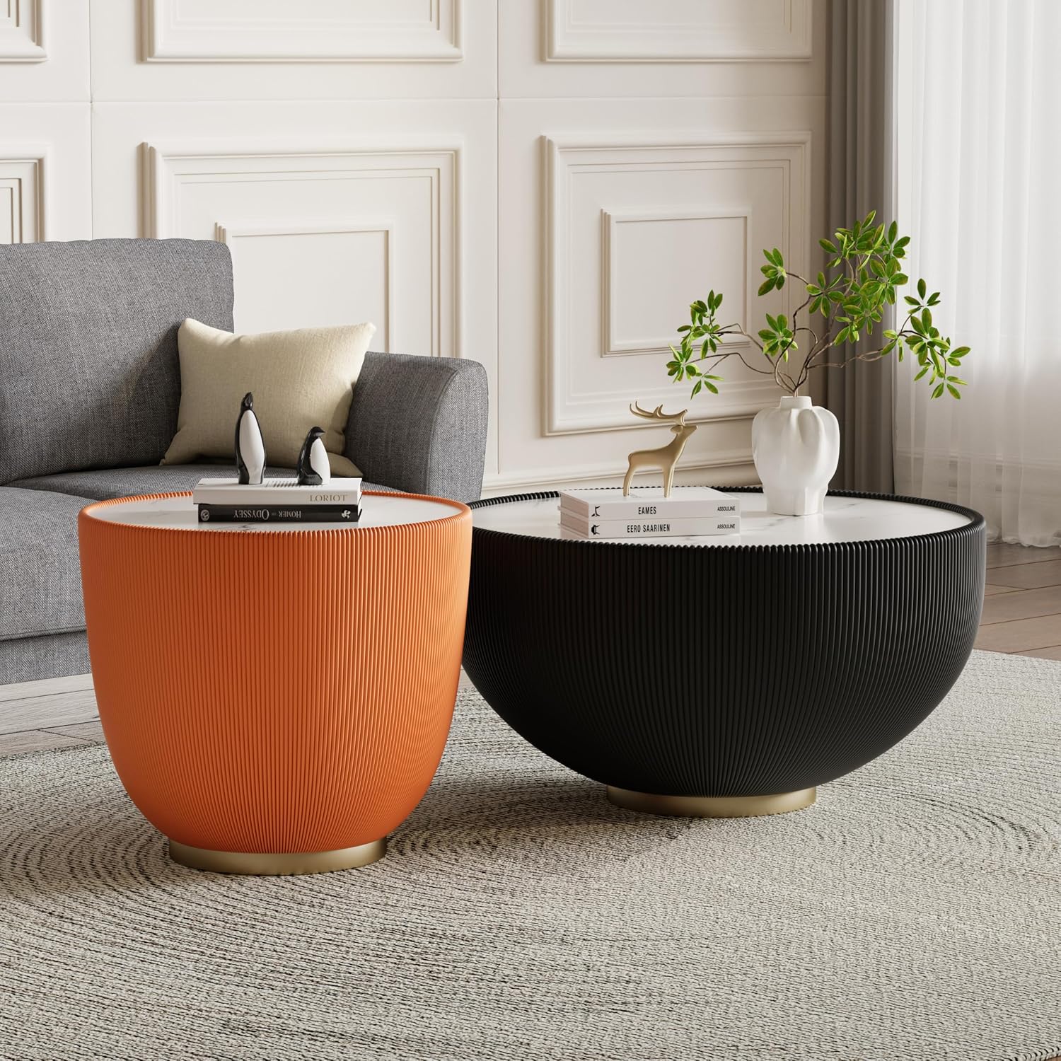 Round Coffee Table Set, 27.56' Black Drum Center Table and 19.69' Orange Coffee Table Set, 2 Pieces Living Room Table Set with Sintered Stone Tabletop, Fluted PU Leather Covered and Metal Base