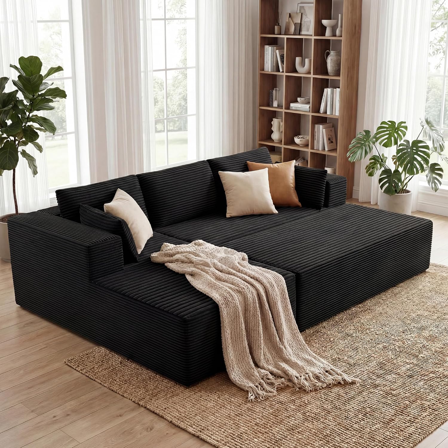 GRUSIGN 106' Oversized Sectional Boneless Sleeper Sofa Bed Couches for Living Room, Modular L Shaped Couch with Left Facing Chaise & Big Ottoman, Compressed Spineless Corduroy Cloud Sofas, Black | Deep Seat