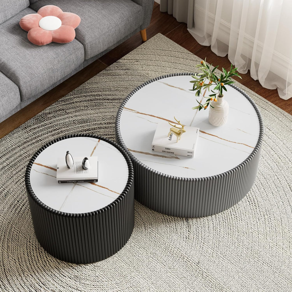 Round Coffee Table Set, 29.52' Grey Drum Center Table and 17.71' Black Coffee Table Set, 2 Pieces Living Room Table Set with Sintered Stone Tabletop, Fluted PU Leather Covered and Stable Base