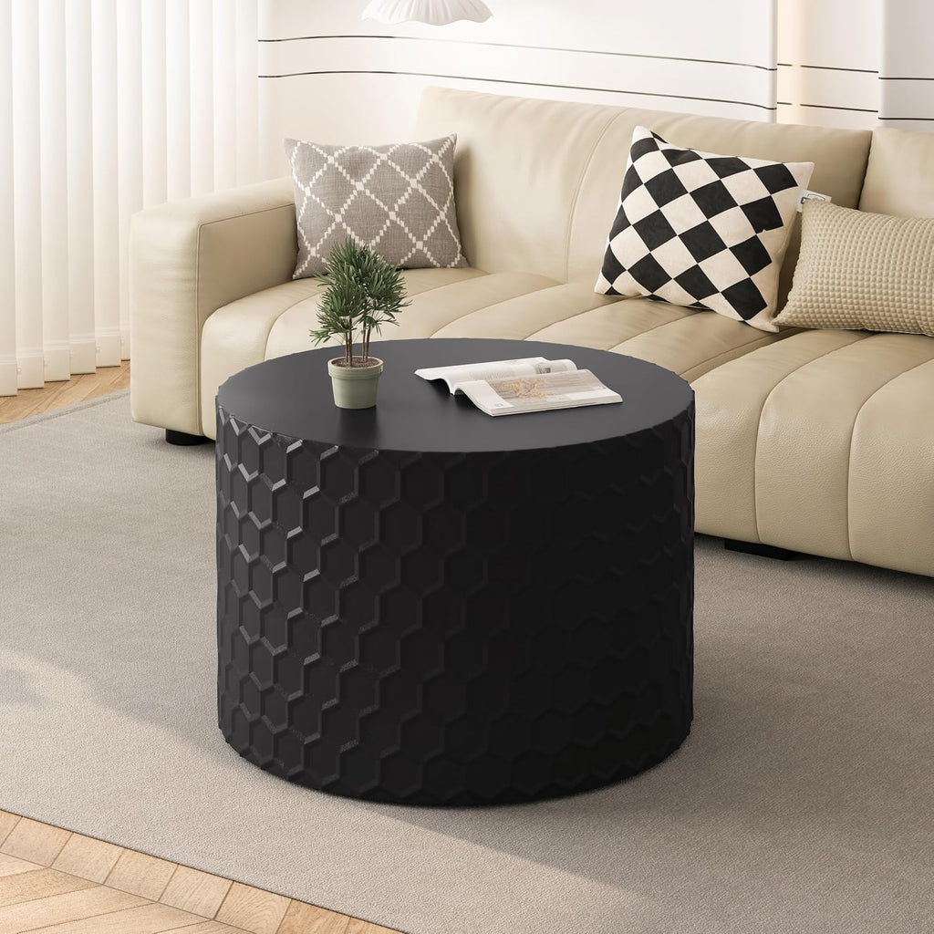 Round Nesting Coffee Table Set of 2, Modern Circular Side Table Set with Honeycomb Design, 2 Piece Nesting End Table Accent Tables Coffee Table for Living Room Bedroom Apartment - Black