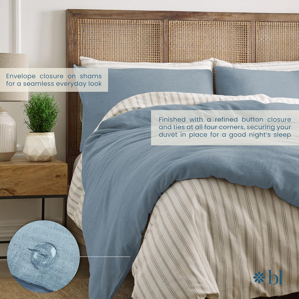 Blue Loom Duvet 100% Cotton Set, 3 Piece, Stone Washed Duvet Set King Size 104' x 92' with 2 Matching Pillow Shams, Comforter Not Included, Vivie - Denim Blue