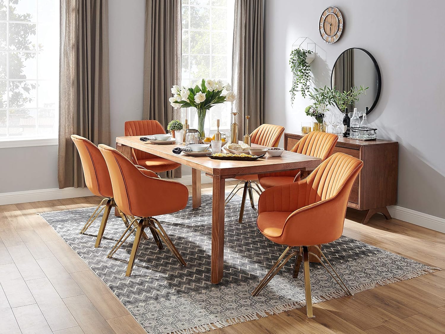 Volans Swivel Accent Chair, Mid Century Modern Swivel Desk Chair with Hollow Brushed Gold Plated Legs Office Chairs for Living Room, Dining Room, Small Space, Cinnamon