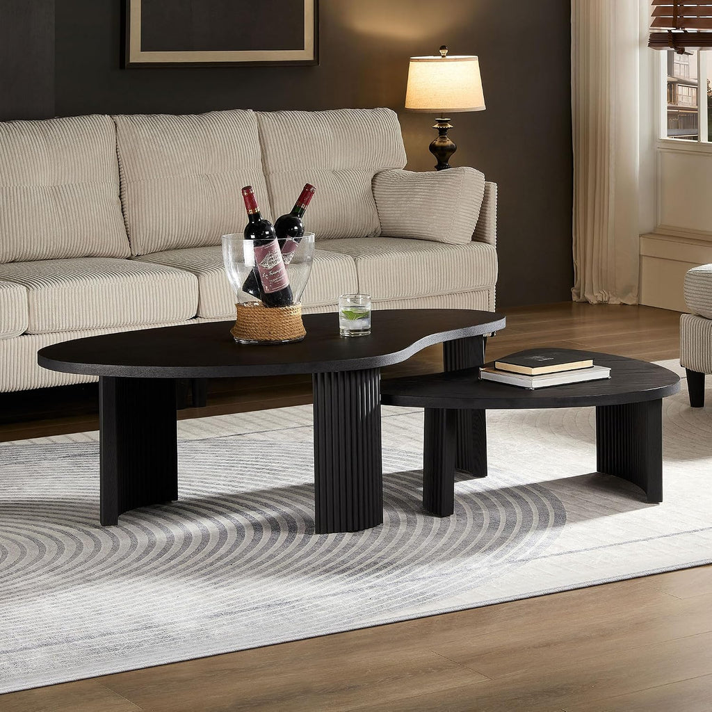 Modern Nesting Coffee Tables Set, 2-Piece Irregular Circle Wood Center Tables Unique End Side Table for Living Room Office, Fluted Legs Easy Assembly - Black