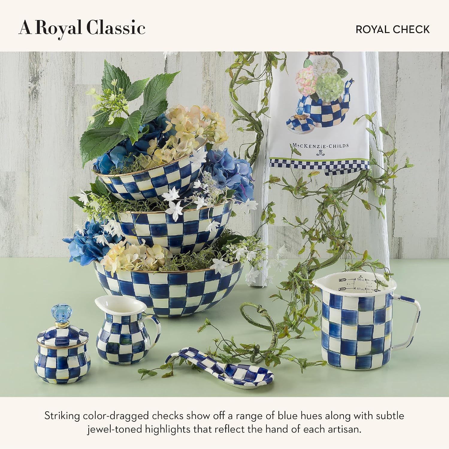 MACKENZIE-CHILDS Enamel Creamer and Sugar-Bowl Set, Cream Dispenser and Sugar Holder, Unique Kitchen Decor, Blue-and-White Royal Check
