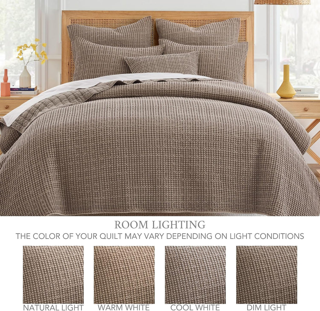 Levtex Home Mills Waffle King Bedspread Set (122x106in) with 2 Pillow Shams (36x20in) - Cocoa - Cotton Waffle King Size Bedspread Set - Soft, Pre-Washed