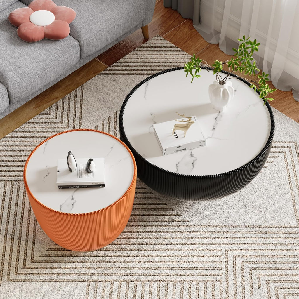 Round Coffee Table Set, 27.56' Black Drum Center Table and 19.69' Orange Coffee Table Set, 2 Pieces Living Room Table Set with Sintered Stone Tabletop, Fluted PU Leather Covered and Metal Base